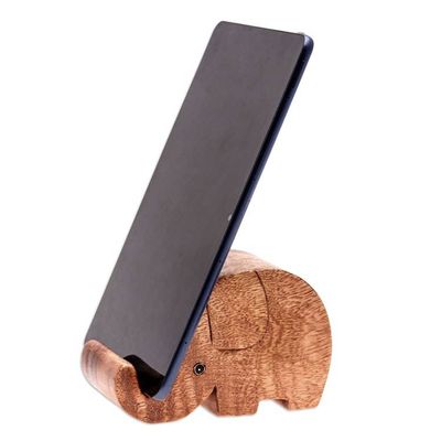Alternate image for Hand-Carved Elephant-Themed Raintree Wood Phone Holder Helpful Trunk