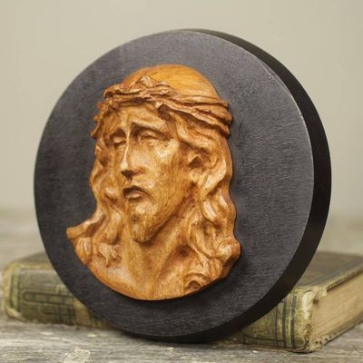 Alternate image for Hand Carved Teak Wood Wall Sculpture Depicting Jesus Agony of Christ