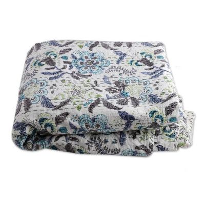 Alternate image for Kantha-Embroidered Cotton Queen Bedspread with Floral Print Kalamkari Garden