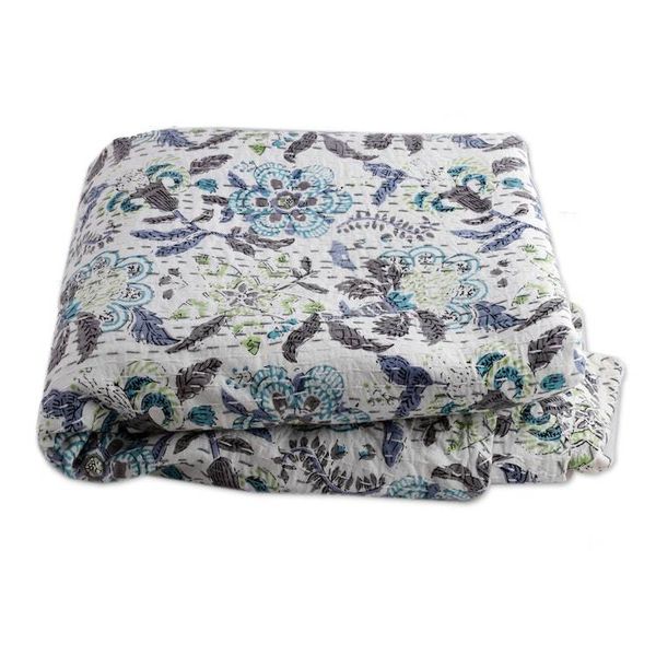 Alternate image for Kantha-Embroidered Cotton Queen Bedspread with Floral Print Kalamkari Garden