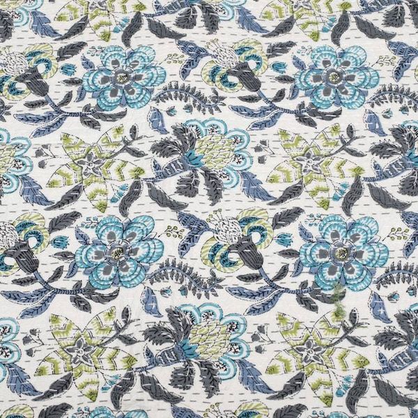 Alternate image for Kantha-Embroidered Cotton Queen Bedspread with Floral Print Kalamkari Garden