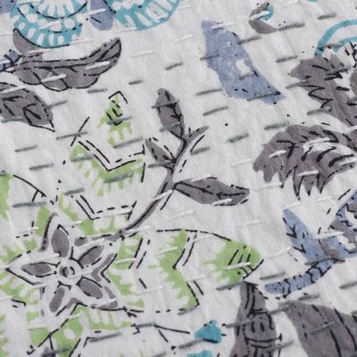 Alternate image for Kantha-Embroidered Cotton Queen Bedspread with Floral Print Kalamkari Garden