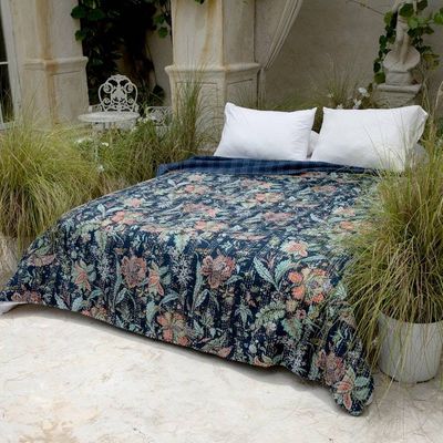Alternate image for Floral Kantha Embroidered Indigo Blue Cotton Queen Bedspread Midnight Spring
