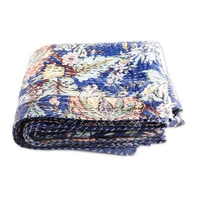 Alternate image for Floral Kantha Embroidered Indigo Blue Cotton Queen Bedspread Midnight Spring
