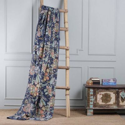 Alternate image for Floral Kantha Embroidered Indigo Blue Cotton Queen Bedspread Midnight Spring