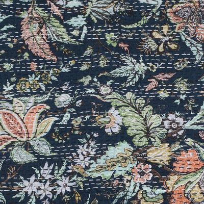 Alternate image for Floral Kantha Embroidered Indigo Blue Cotton Queen Bedspread Midnight Spring