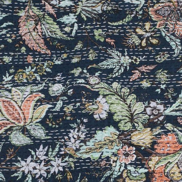 Alternate image for Floral Kantha Embroidered Indigo Blue Cotton Queen Bedspread Midnight Spring
