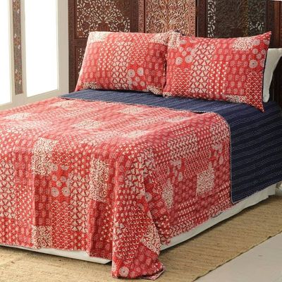 Alternate image for Red Kantha Stitch Cotton Bedding Set from India 3 Pcs Kantha Charm in Red