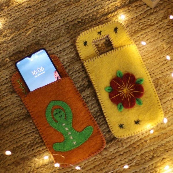 Alternate image for Set of 2 Handcrafted Yoga-Themed Wool Felt Mobile Cases Peaceful Vibes