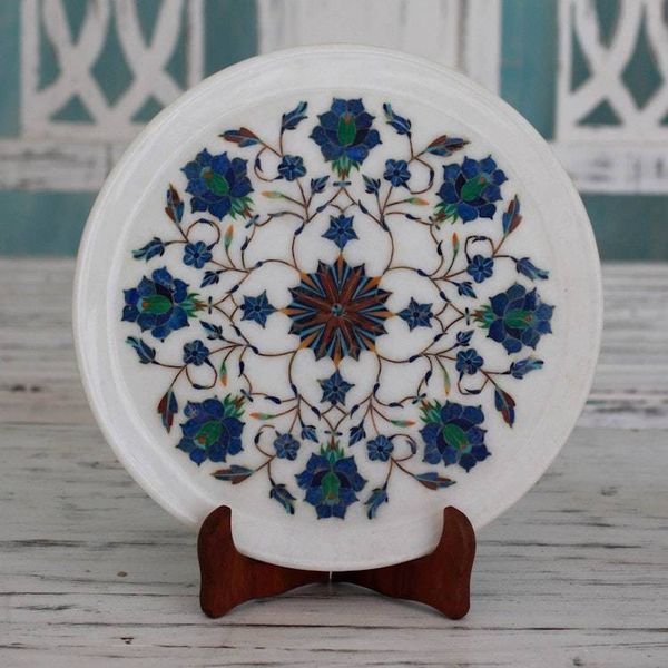 Alternate image for Intricate Marble Inlay Decorative Plate from India Floral Burst
