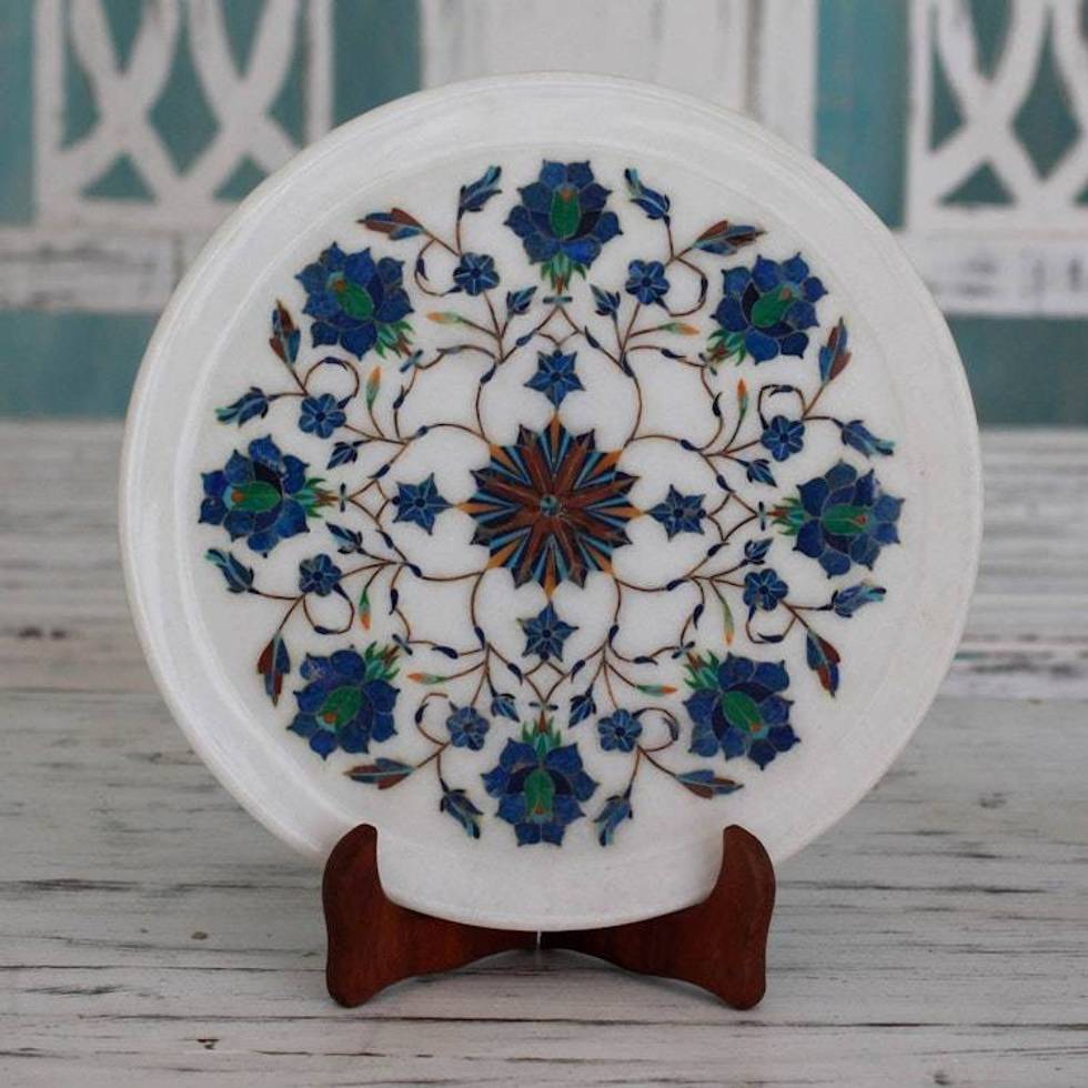 Intricate Marble Inlay Decorative Plate from India 'Floral Burst'