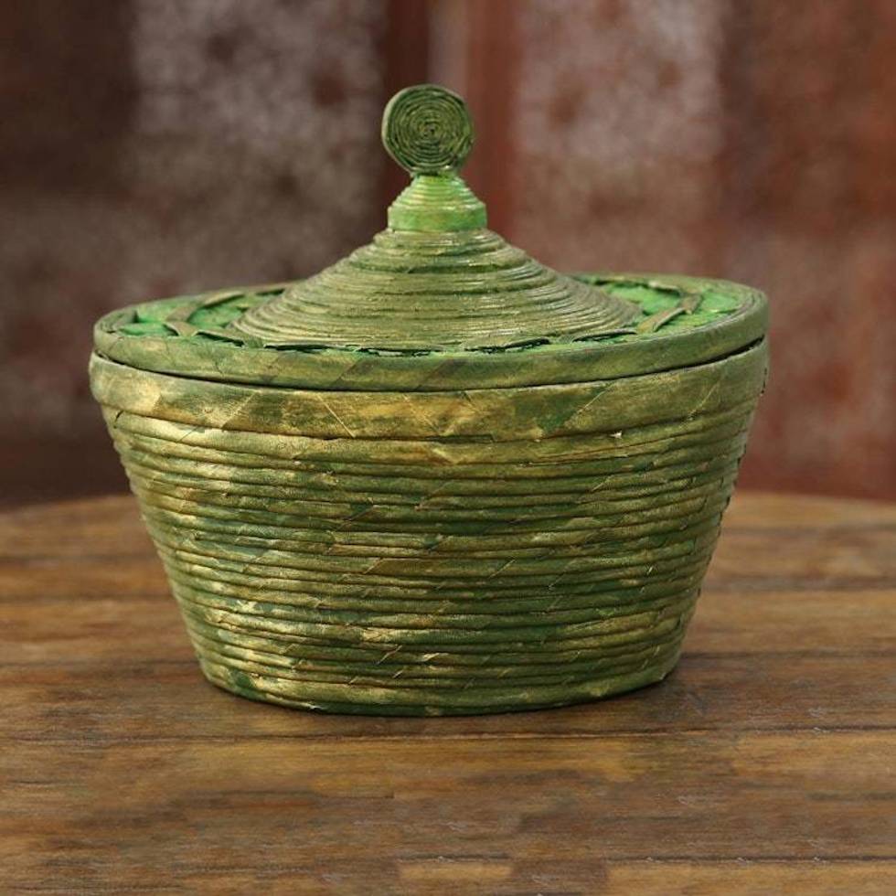 Green Recycled Paper Decorative Basket from India 'Eco Green'
