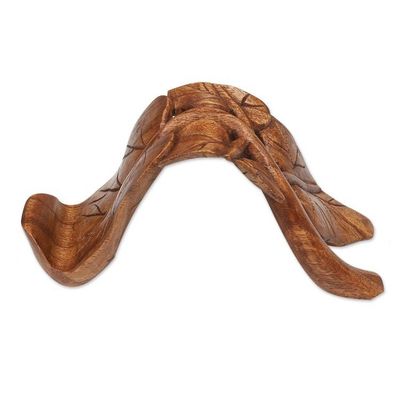 Alternate image for Wood Phone Stand with Leaf Motif Hand-Carved in Bali Tropical Leaves