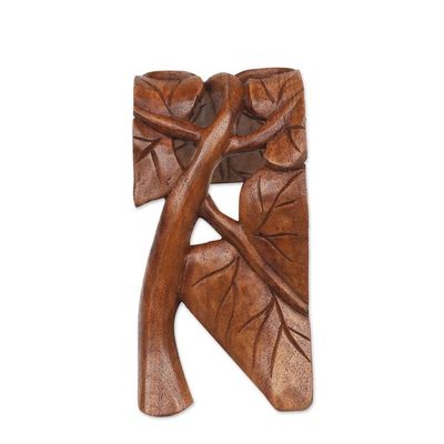Alternate image for Wood Phone Stand with Leaf Motif Hand-Carved in Bali Tropical Leaves