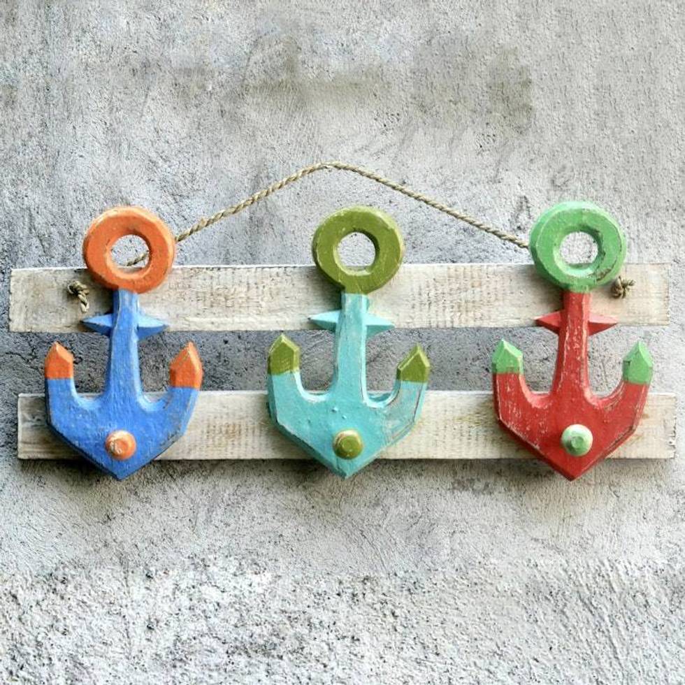 Artisan Crafted Nautical Theme Wooden Coat Rack from Bali 'Three Anchors'