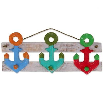 Alternate image for Artisan Crafted Nautical Theme Wooden Coat Rack from Bali Three Anchors