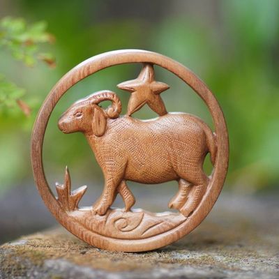 Alternate image for Aries-Themed Hand-Carved Round Suar Wood Relief Panel Aries Firmament