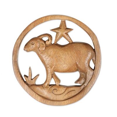 Alternate image for Aries-Themed Hand-Carved Round Suar Wood Relief Panel Aries Firmament