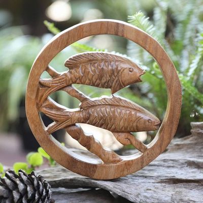 Alternate image for Pisces-Themed Hand-Carved Round Suar Wood Relief Panel Pisces Firmament