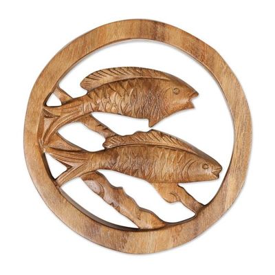 Alternate image for Pisces-Themed Hand-Carved Round Suar Wood Relief Panel Pisces Firmament
