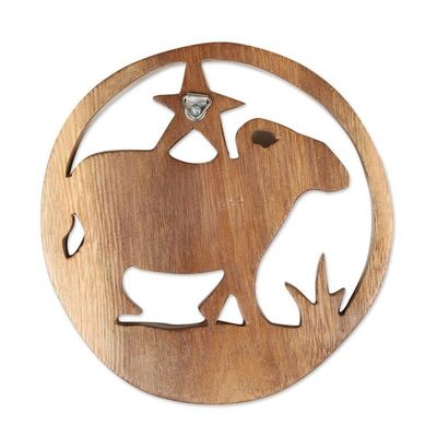 Alternate image for Aries-Themed Hand-Carved Round Suar Wood Relief Panel Aries Firmament
