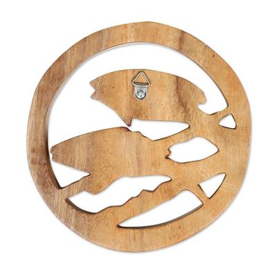 Alternate image for Pisces-Themed Hand-Carved Round Suar Wood Relief Panel Pisces Firmament