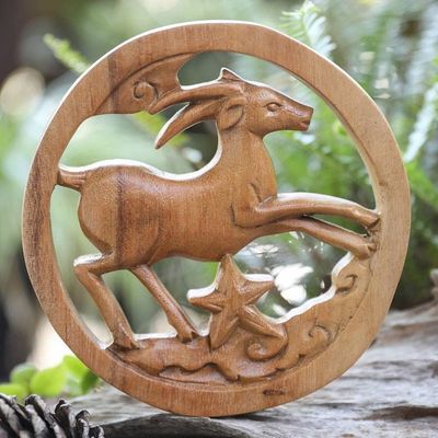 Alternate image for Capricorn-Themed Hand-Carved Round Suar Wood Relief Panel Capricorn Firmament