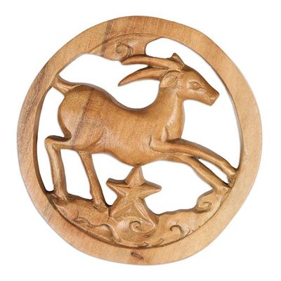 Alternate image for Capricorn-Themed Hand-Carved Round Suar Wood Relief Panel Capricorn Firmament