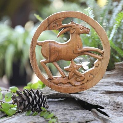 Alternate image for Capricorn-Themed Hand-Carved Round Suar Wood Relief Panel Capricorn Firmament