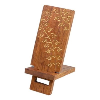 Alternate image for Hand-Carved and Painted Wood Phone Stand with Floral Motif Glitter Flower