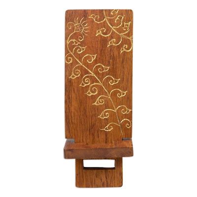 Alternate image for Hand-Carved and Painted Wood Phone Stand with Floral Motif Glitter Flower