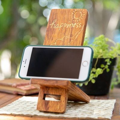 Alternate image for Hand-Carved and Painted Wood Phone Stand with Elephant Motif Happy Elephant