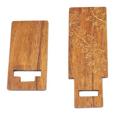 Alternate image for Hand-Carved and Painted Wood Phone Stand with Floral Motif Glitter Flower