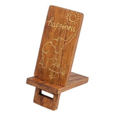 Alternate image for Hand-Carved and Painted Wood Phone Stand with Elephant Motif Happy Elephant