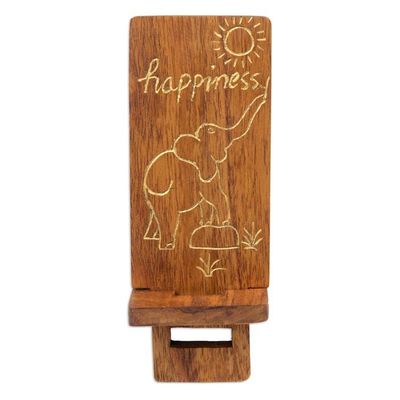 Alternate image for Hand-Carved and Painted Wood Phone Stand with Elephant Motif Happy Elephant