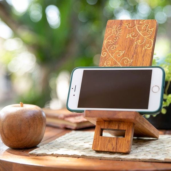 Alternate image for Hand-Carved and Painted Wood Phone Stand with Floral Motif Glitter Flower
