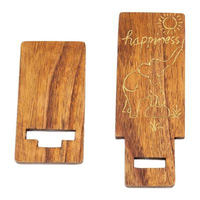Alternate image for Hand-Carved and Painted Wood Phone Stand with Elephant Motif Happy Elephant