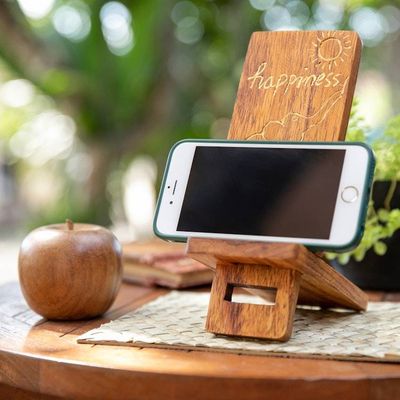 Alternate image for Hand-Carved and Painted Wood Phone Stand with Elephant Motif Happy Elephant