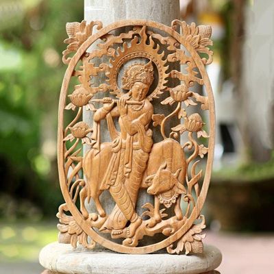 Alternate image for Hand Carved Suar Wood Krishna Relief Panel Krishnas Cow