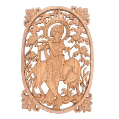 Alternate image for Hand Carved Suar Wood Krishna Relief Panel Krishnas Cow