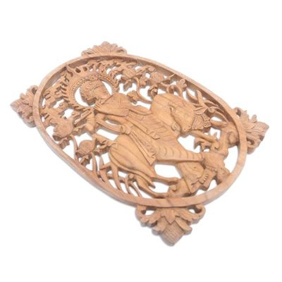 Alternate image for Hand Carved Suar Wood Krishna Relief Panel Krishnas Cow