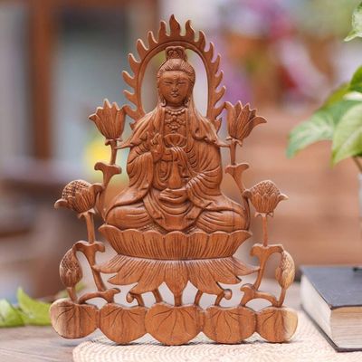 Alternate image for Hand-Carved Buddhist Suar Wood Relief Panel from Bali Kwan Im on Lotus
