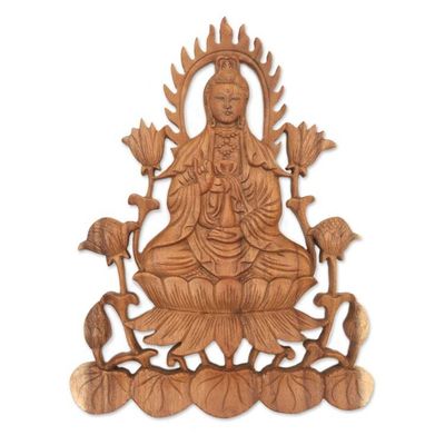 Alternate image for Hand-Carved Buddhist Suar Wood Relief Panel from Bali Kwan Im on Lotus
