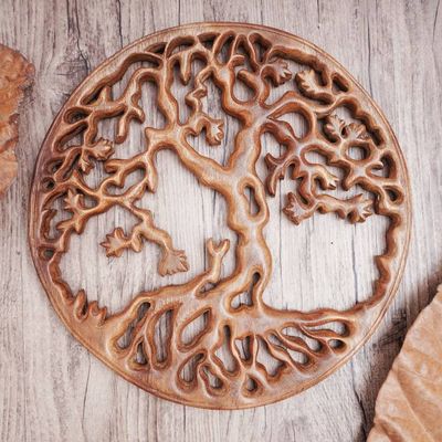 Alternate image for Trunyan Tree Hand Carved Circular Wood Relief Wall Panel Trunyan Mystery