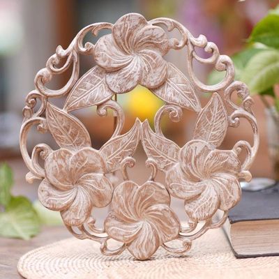 Alternate image for Hand Carved Balinese Plumeria Wreath Relief Panel Plumeria Wreath