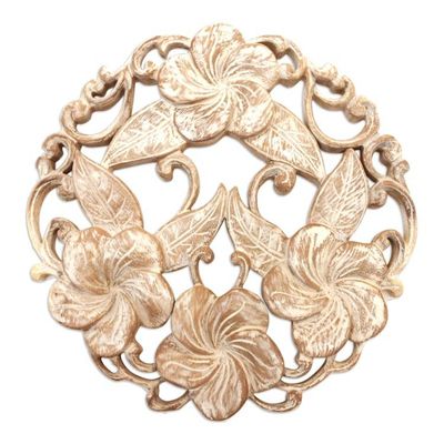 Alternate image for Hand Carved Balinese Plumeria Wreath Relief Panel Plumeria Wreath