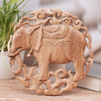 Alternate image for Elephant Themed Wood Wall Relief Panel Palace Elephant