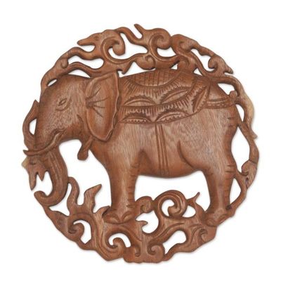 Alternate image for Elephant Themed Wood Wall Relief Panel Palace Elephant