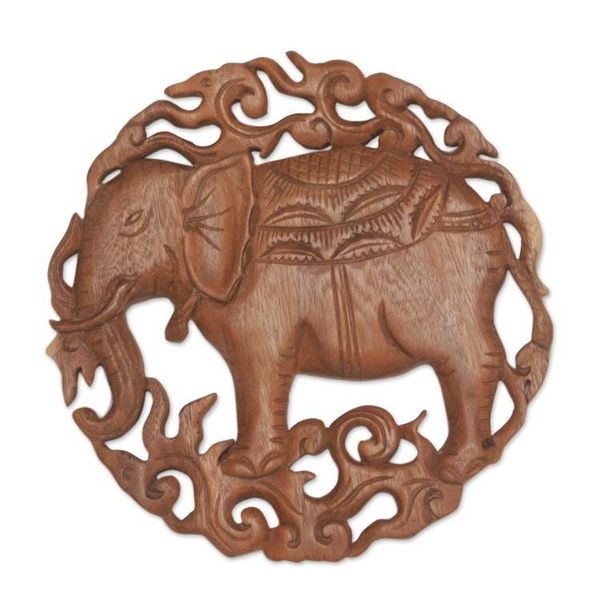 Alternate image for Elephant Themed Wood Wall Relief Panel Palace Elephant