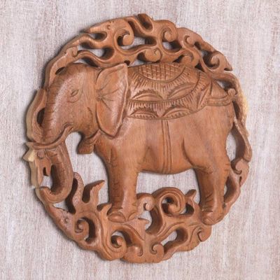 Alternate image for Elephant Themed Wood Wall Relief Panel Palace Elephant